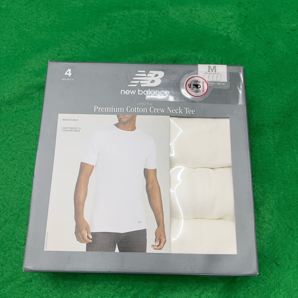 NIB New Balance 4 PACK Men's Cotton Crew Neck T-Shirts White, Size Medium